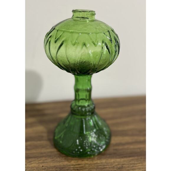 Vintage Green Glass Oil Kerosene Lamp with Panel Sides Floral Bottom 9.5" - Picture 1 of 9